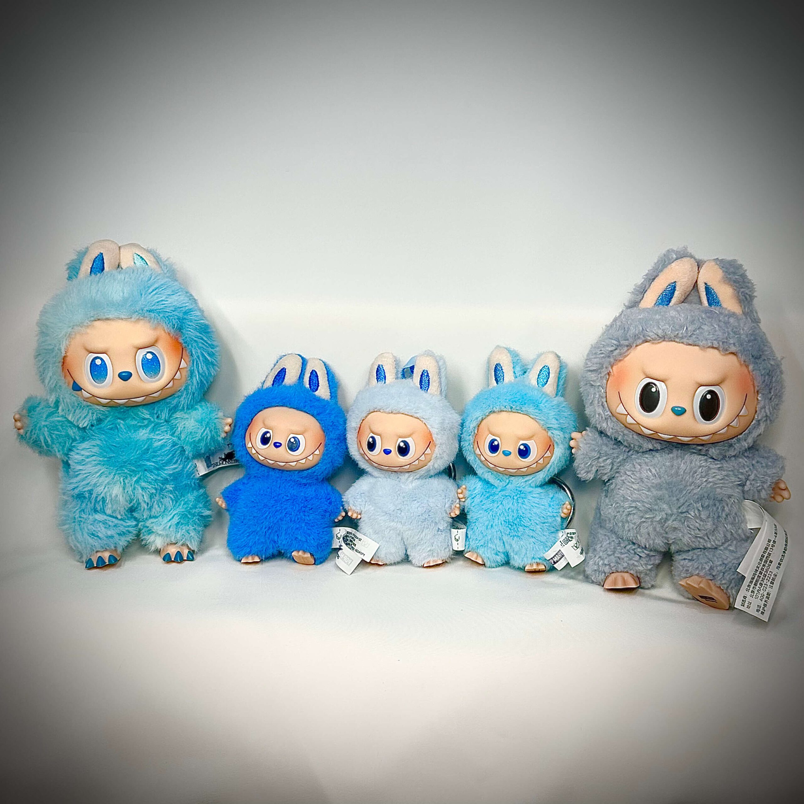 blue labubu dolls group shot lineup