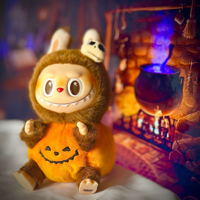labubu halloween sitting pumpkin cauldron backdrop