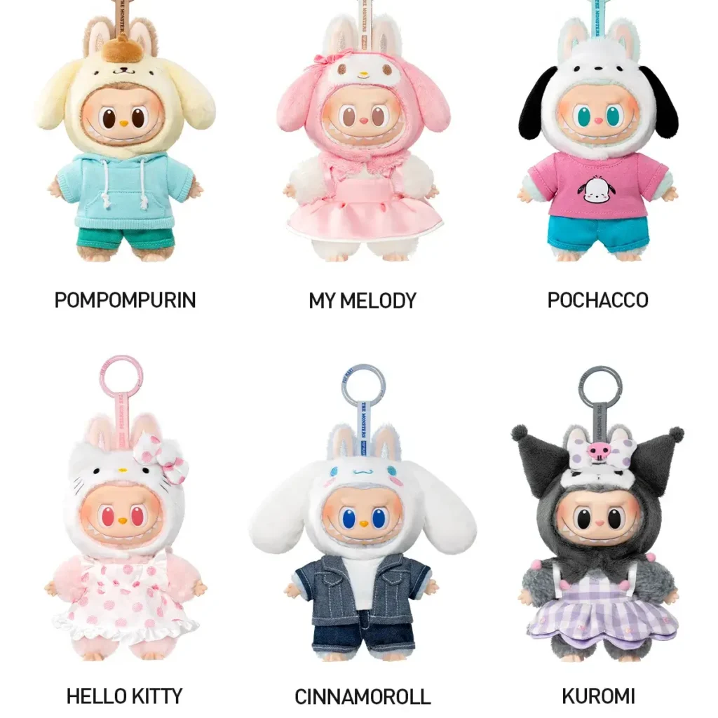 Pop Mart Labubu x Sanrio collaboration screenshot showing all six characters